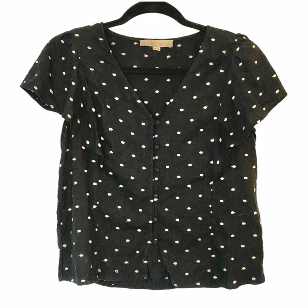 LOFT Black Linen Blend Flutter Sleeve Button Top White Embroidered Dots XS
